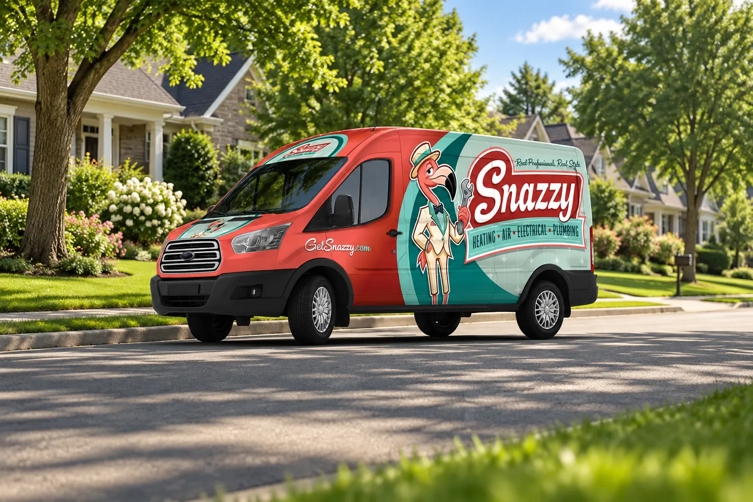 A Snazzy service van parked outside a customer’s home